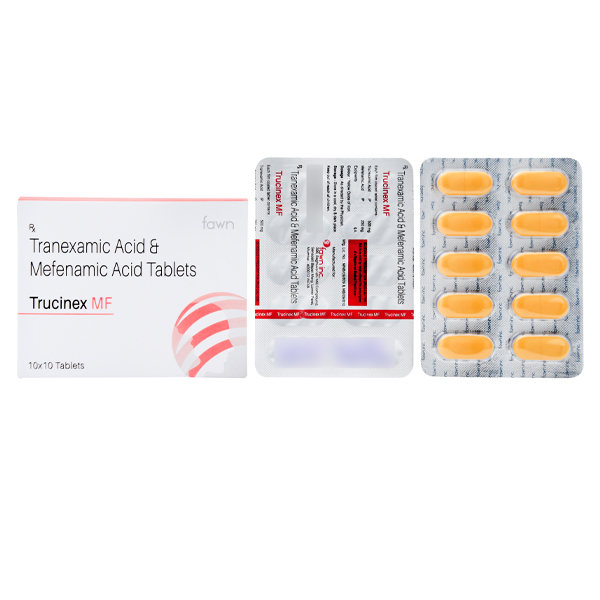 Product Name: TRUCINEX MF, Compositions of TRUCINEX MF are Tranexamic 500 mg + Mefenamic 250mg - Fawn Incorporation