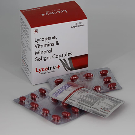 Product Name: Lycotry +, Compositions of Lycopene, Vitamins & Minerals Softgel Capsules are Lycopene, Vitamins & Minerals Softgel Capsules - Biodiscovery Lifesciences Pvt Ltd