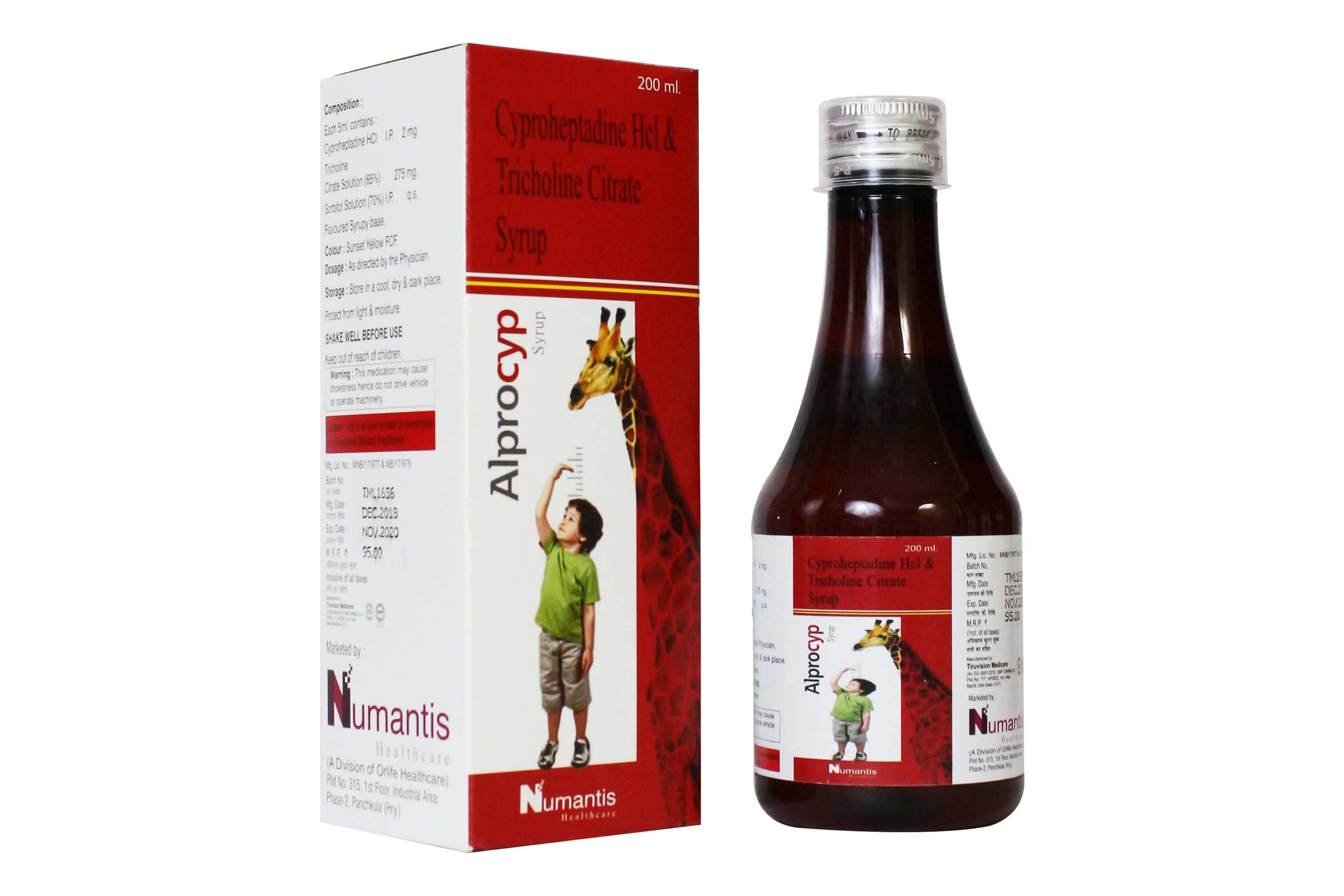Product Name: Alprocyp, Compositions of Alprocyp are Cyprohepetadine  HCL & Tricholine Citrate Syrups  - Numantis Healthcare
