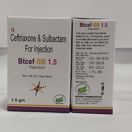 Product Name: Btcef SB 1.5, Compositions of Btcef SB 1.5 are Ceftriaxone & sulbactom For Injection - Biotanic Pharmaceuticals