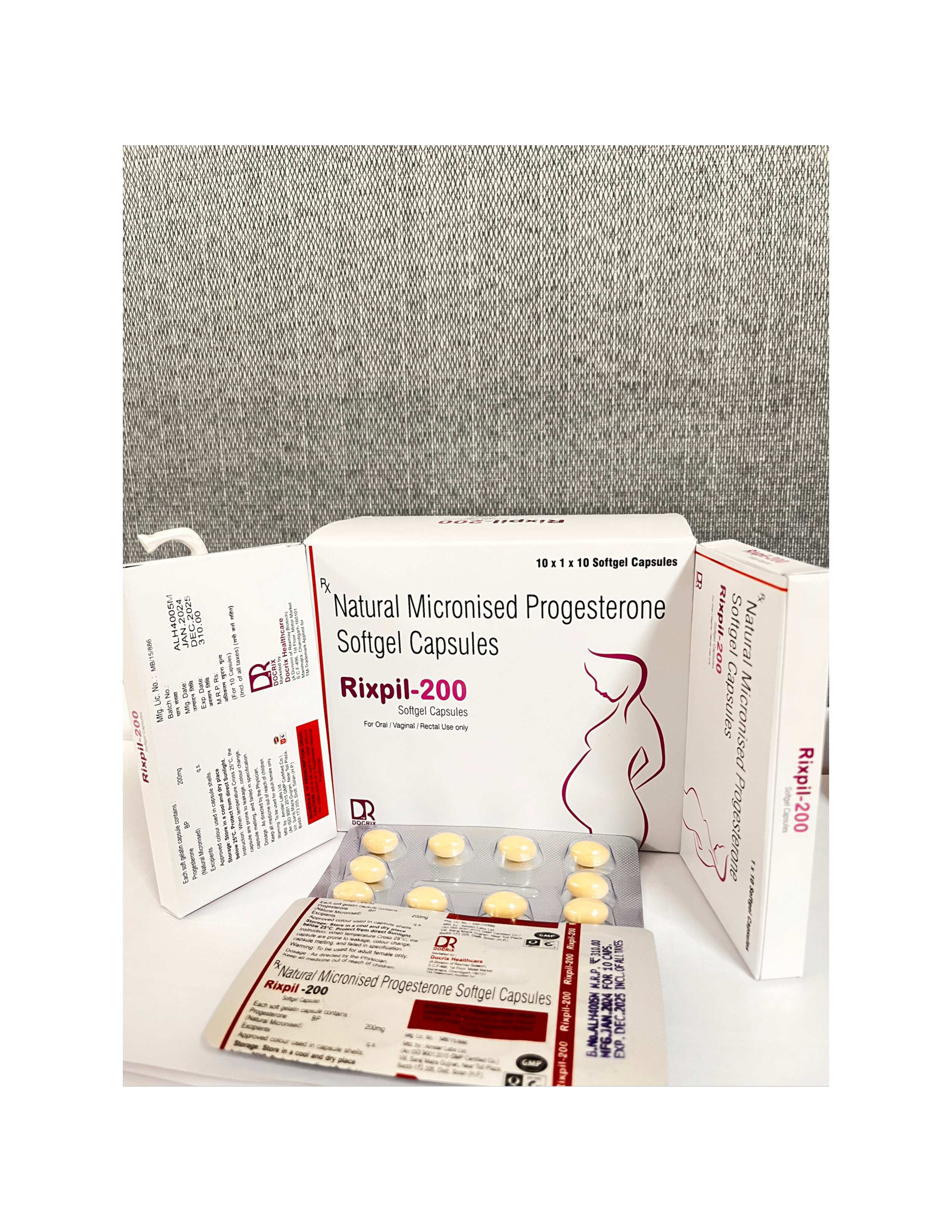 Product Name: Rixpil 200, Compositions of Rixpil 200 are Natural Micronised Progesterone Softgel Capsules - Docrix Healthcare