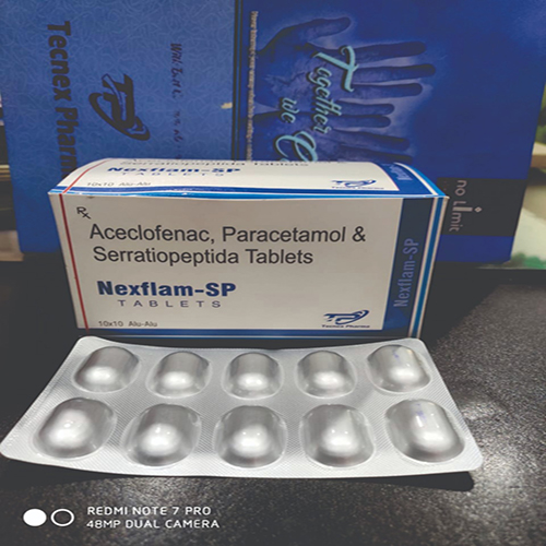 Product Name: NEXFLAM SP, Compositions of NEXFLAM SP are Aceclofenac, Paracetamol & Serratiopeptidase Tablets - Tecnex Pharma