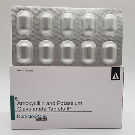 Product Name: Nomclox Clav, Compositions of Nomclox Clav are Amoxycillin and Potassium Clavulanate Tablets IP - Acinom Healthcare