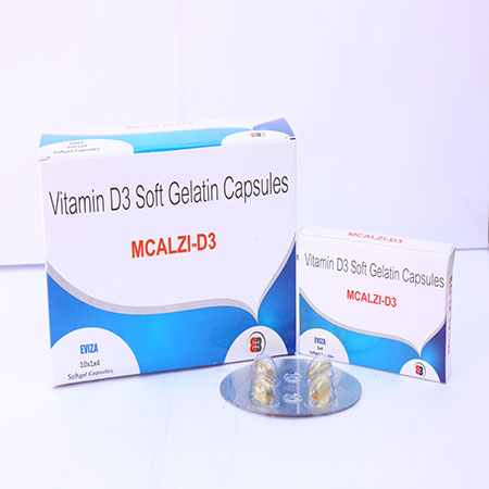 Product Name: Mcalzi D3, Compositions of Mcalzi D3 are Vitamin D3 Soft Gelatin Capsules - Eviza Biotech Pvt. Ltd