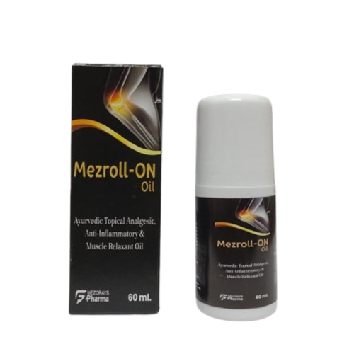 Product Name: Mezroll ON Oil, Compositions of Mezroll ON Oil are Axurvedic Topical Analgesic. Anti-Inflammatory & Muscle Relasant Oil - Medlo Biotech