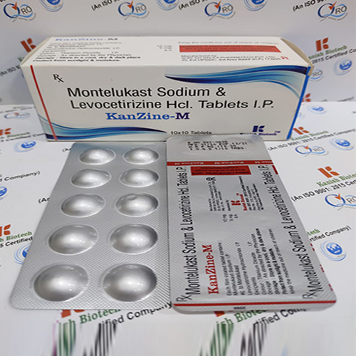 Product Name: Kanzime M, Compositions of Kanzime M are Montelukast Sodium & Levocetrizine HCL Tablets I.P - Kanish Biotech
