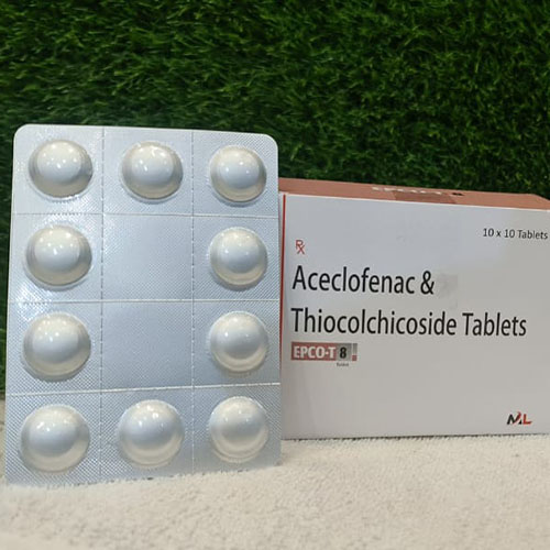 Product Name: Epco T8, Compositions of Epco T8 are Aceclofenac & Thiocolchicoside Tablets - Medizec Laboratories