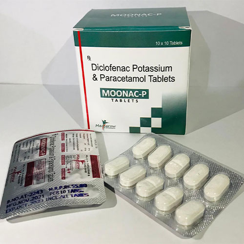 Product Name: Moonac P, Compositions of Moonac P are Diclofenac Potassium 50 mg+ Paracetamol 325  mg - MediGrow Lifesciences