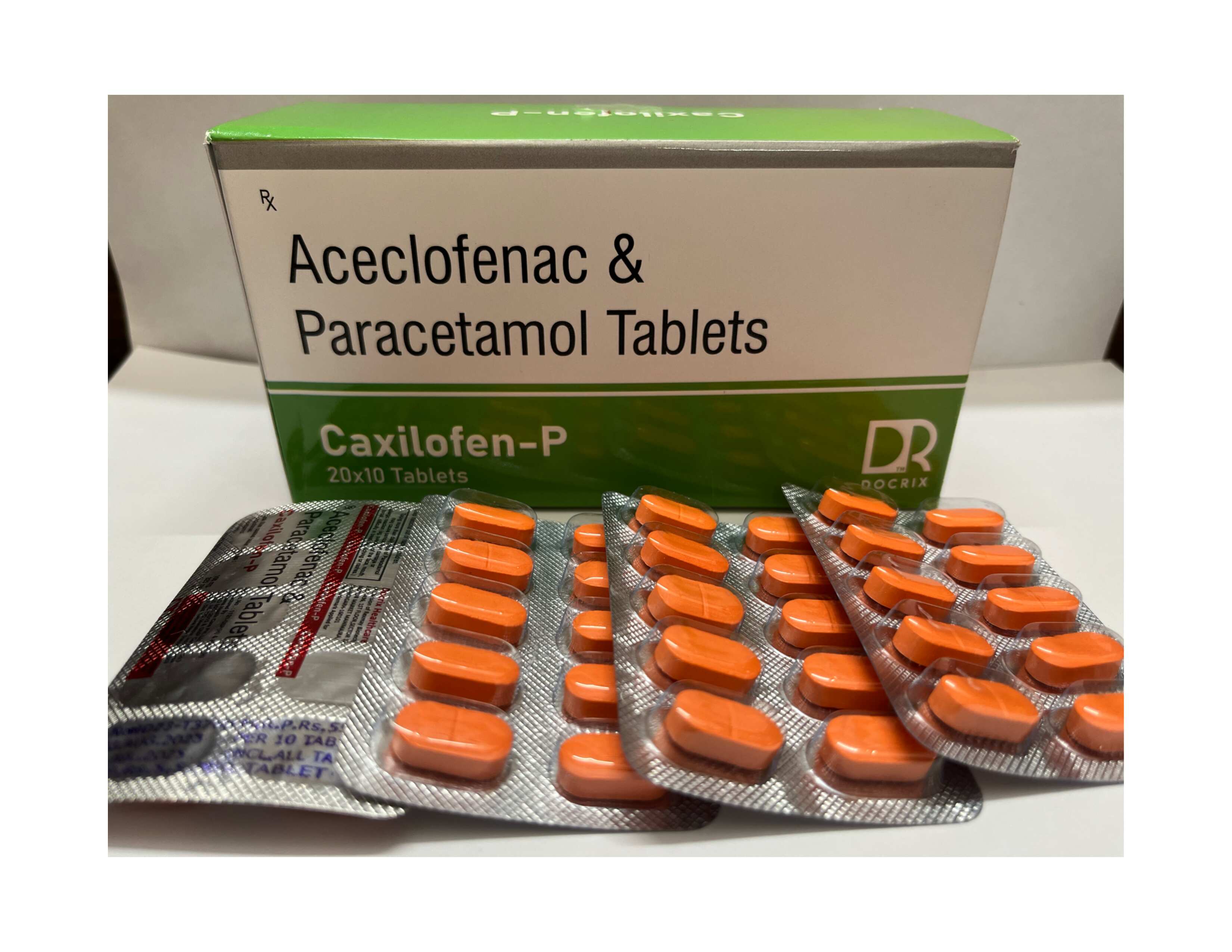 Product Name: Caxilofen p, Compositions of Caxilofen p are Aceclofenac & Paracetamol Tablets - Docrix Healthcare