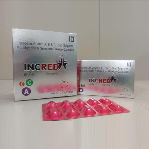 Product Name: Incred, Compositions of Incred are Lycopene,Vitamin A, E and C zinc Sulphate Monohydrate and Selenium Dioxide Capsules - Jonathan Formulations