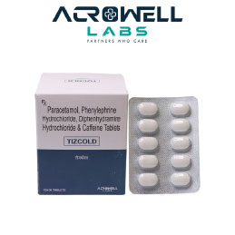 Product Name: Tizcold, Compositions of Tizcold are Paracetamol, Phenylephrine Hydrochloride, Diphenhydramine Hydrochloride & Caffeine Tablets - Acrowell Labs Private Limited