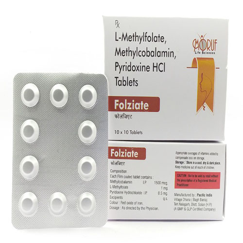 Product Name: Folziate, Compositions of Folziate are L-Methylfolate,Methylcobalamin,Pyridoxine HCL Tablets - Arlak Biotech