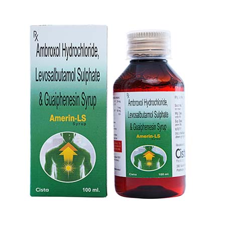 Product Name: AMERIN LS, Compositions of AMERIN LS are Ambroxol HCL, Levosalbutamol Sulphate & Guaiphensin Syrup - Cista Medicorp