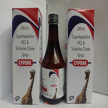 Product Name: Cypdak, Compositions of Cypdak are Cyproheptadine Hcl & Tricholine Citrate Syrup - Dakgaur Healthcare