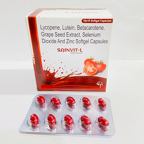 Product Name: Sainvit L, Compositions of Sainvit L are Lycopene,Lutein,Betacarotene,Grape Seed Extract, Selenium Dioxide and Zinc Softgel Capsules - Disan Pharma