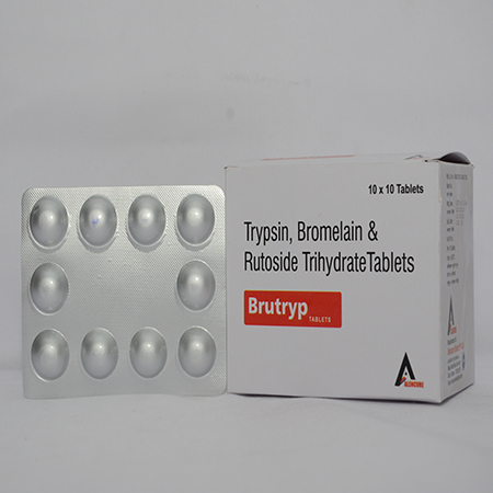 Product Name: BRUTRYP, Compositions of BRUTRYP are Trypsin, Bromelain & Rutoside Trihydrate Tablets - Alencure Biotech Pvt Ltd