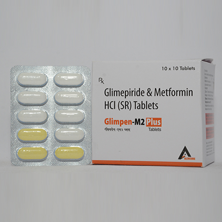 Product Name: GLIMPEN M2 PLUS, Compositions of GLIMPEN M2 PLUS are Glimepiride & Metformin HCL (SR) Tablets - Alencure Biotech Pvt Ltd