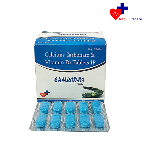 Product Name: CAMROD D3, Compositions of CAMROD D3 are Calcium Carbonate & Vitamin D3 tablets IP - Ryze Lifecare