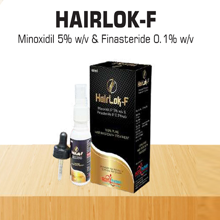 Product Name: Hairlok F, Compositions of Hairlok F are Minoxidil 5% w/v & Finasteride 0.1% w/v - Scothuman Lifesciences