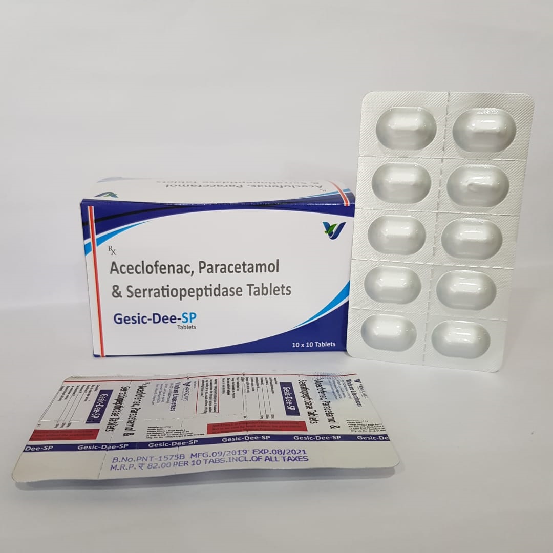 Product Name: Gesic dee sp, Compositions of Gesic dee sp are Aceclofenac , Paracetamol & Serratiopeptidase Tablets - Vindcare Lifesciences
