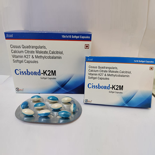 Product Name: Cissbord K2M, Compositions of Cissbord K2M are Cissus Quadrangularis, Calcium Citrate Malate, Calcitriol, Vitamin K27 & Methylcobalamin Softgel Capsules - Bkyula Biotech