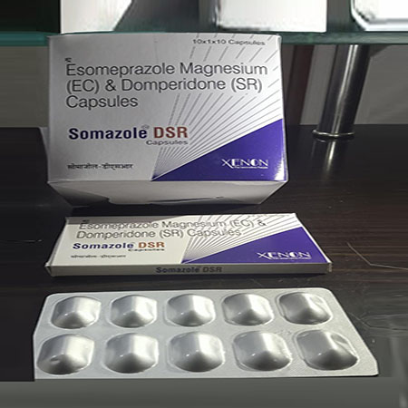 Product Name: Somazole Dsr, Compositions of Somazole Dsr are Esomeprazole Magnesium(EC) & Domperidone (SR) Capsules - Xenon Pharma Pvt. Ltd