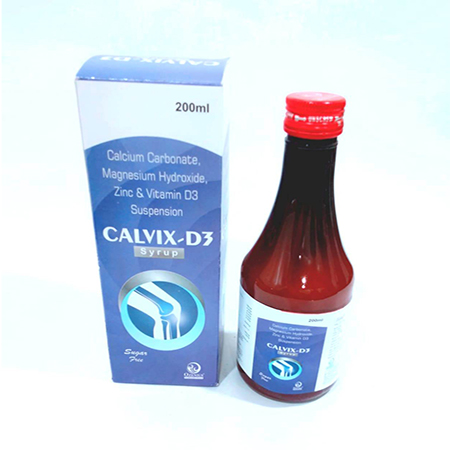 Product Name: CALVIX D3, Compositions of CALVIX D3 are Calcium Carbonate,Magnesium Hydroxide , Zinc & Vitamin D3 Suspension - Ozenius Pharmaceutials