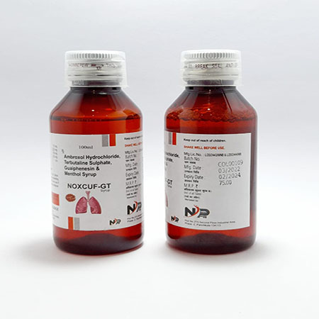 Product Name: Noxcuf Gt, Compositions of Noxcuf Gt are Ambroxal Hydrochloride Tarbutaline sulphate,GuaiPhenesin  & Methol Syrup - Noxxon Pharmaceuticals Private Limited
