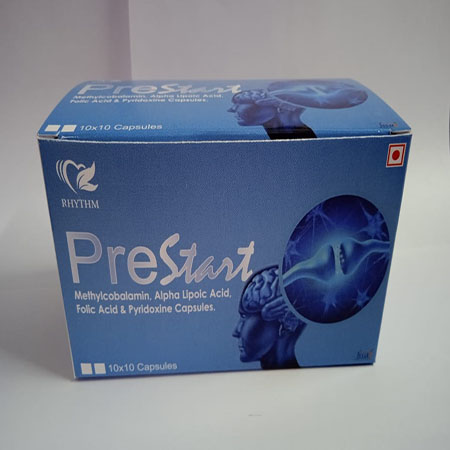 Product Name: Prestart, Compositions of Prestart are Methylcobalamin, Alpha Lipoic Acid, Folic Acid & Pyridoxine & Capsules - Rhythm Biotech Private Limited