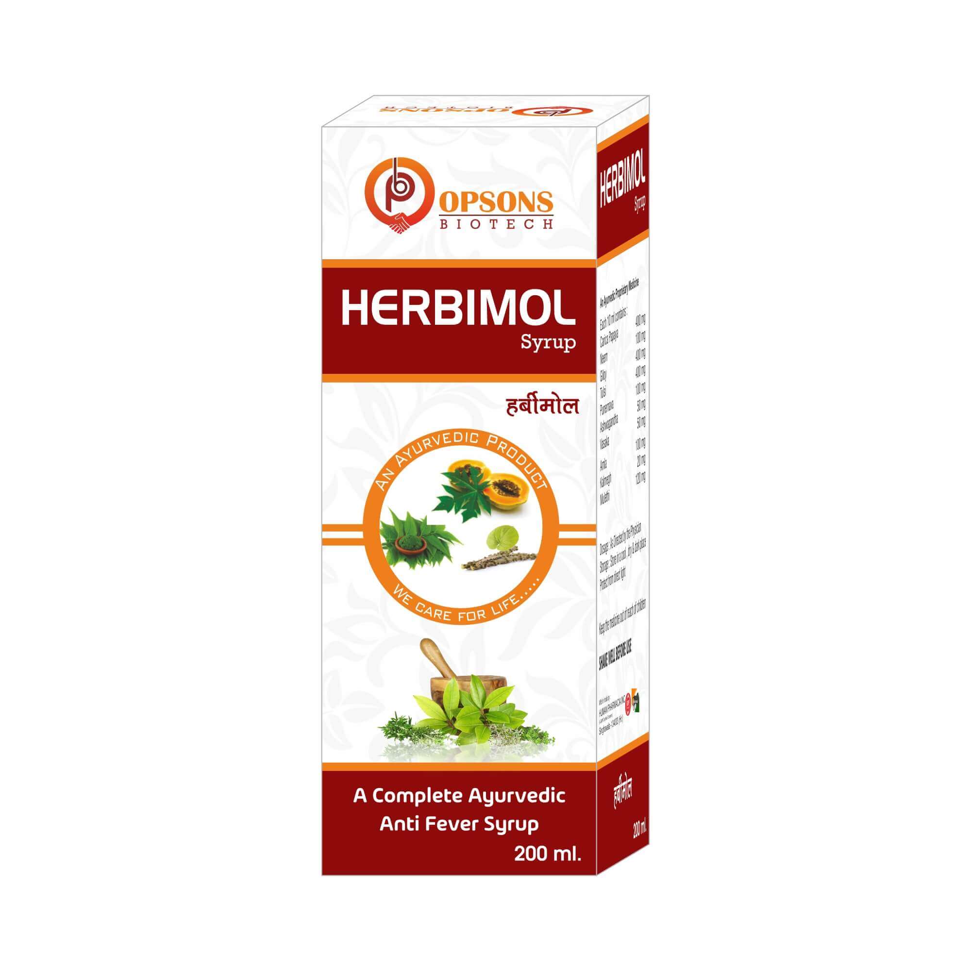 Product Name: Herbimol, Compositions of Complete Ayurvedic Anti Fever Syrup  are Complete Ayurvedic Anti Fever Syrup  - Opsons Biotech