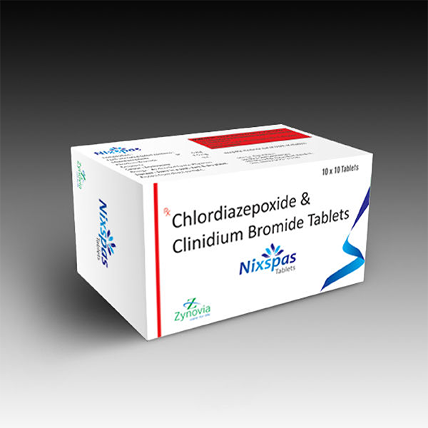 Product Name: Nixspas, Compositions of Nixspas are Chlordiazepoxide Clinidium Bromide Tablets - Zynovia Lifecare