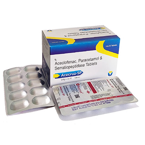 Product Name: Acecruz SP, Compositions of Acecruz SP are Aceclofenac 100 mg. + Serratiopeptidase 15 mg+ Paracetamol 325 mg. - Biocruz Pharmaceuticals Private Limited