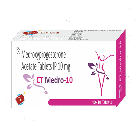 Product Name: CT Metro 10, Compositions of Medroxyprogesterone Acetate Tablets IP 10 mg are Medroxyprogesterone Acetate Tablets IP 10 mg - Triglobal Lifesciences (opc) Private Limited