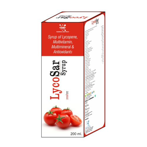 Product Name: Lycosar, Compositions of Lycosar are Syrup Of Lycopene, Multivitamin, Multimineral & Antioxidants - Sushma Biotech