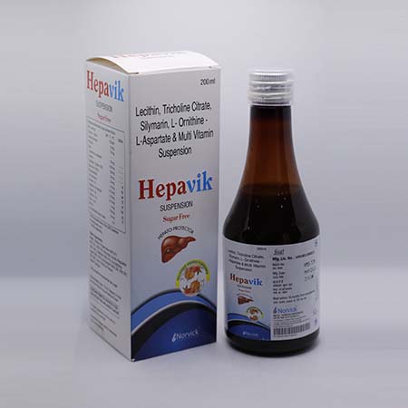 Product Name: Hepavik, Compositions of Hepavik are Lecithin, Tricholine Citrate, L-Ornithine, L-Aspratate and Multivitamin Suspension - Norvick Lifesciences