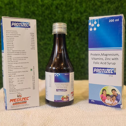 Product Name: Protizec, Compositions of Protizec are Protien Magnesium Vitamins,Zinc with Folic Acid Syrup - Medizec Laboratories