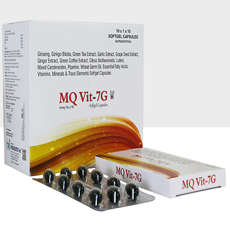 Product Name: MQ VIT 7G, Compositions of MQ VIT 7G are Grapeseed Extract, Green Tea Extract, Gingseng, Ginkgo biloba, Garlic, Mixed carbotenoids, Lycopene, Citrus Bioflavounoids, Amino Acids, Multivitamin, Multiminerals & Antioxidant Softgel Capsules - Mediquest Inc