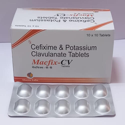 Product Name: Macfix CV, Compositions of Macfix CV are Cefixime & Potassium Clavulanate Tablets - Macro Labs Pvt Ltd