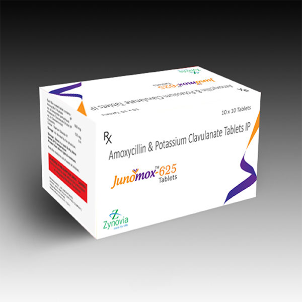 Product Name: Junomox 625, Compositions of Junomox 625 are Amoxycillin & Potassium Clavulanate Tablets IP - Zynovia Lifecare