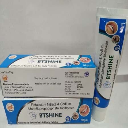 Product Name: Btshine, Compositions of Btshine are Potassium Nitrate & Sodium Monofluorophasphate Toothpaste - Biotanic Pharmaceuticals