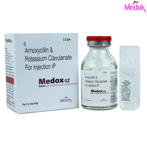 Product Name: Medox 1.2, Compositions of Medox 1.2 are Amoxycilline 1000mg + Clavulanate Pottasium 200mg - Medok Life Sciences Pvt. Ltd