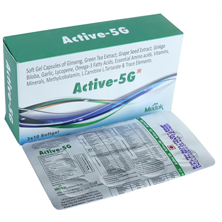 Product Name: Active 5G, Compositions of Active 5G are Softgel Capsules Of Gingseng, Green Tea Extract, Grape Seed Extract, Ginkgo Biloba, Garlic, Lycopene, Omega-3 Fatty Acid, Essential Amino Acids, Vitamins, Minerals, Methylcobalamin, L-Carnitine, L-Tartrate & Trace Elements - Medok Life Sciences Pvt. Ltd
