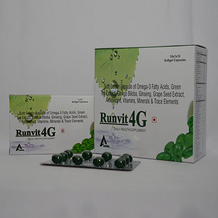 Product Name: RUNVIT 4G, Compositions of RUNVIT 4G are Soft Gelatin Capsules of Omega 3 Fatty Acids, Green Tea Extract, Ginkgo Biloba, Gingseng, Grapeseed Extract, Antioxidants Vitamins, Minerals & Trace Elements - Alencure Biotech Pvt Ltd