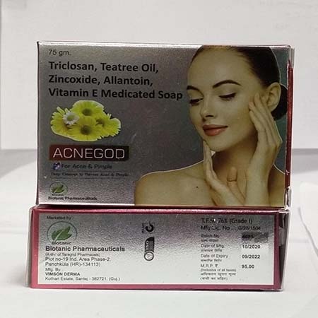Product Name: Acnegod, Compositions of Acnegod are Triclosan,Teatree Oil Zincoxide,Allantoin,Vitamin E Medicated Soap - Biotanic Pharmaceuticals