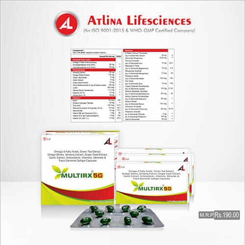 Product Name: Multirix 5G, Compositions of Multirix 5G are Omega-3 Fatty Acid,Green Tea Extract,Gingko,Biloba,Ginseng,Grape Seed Extract,Garlic Extract,Antioxidant,Vitamins,Minerals & Trace Elements Softgel Capsules - Atlina LifeSciences Private Limited