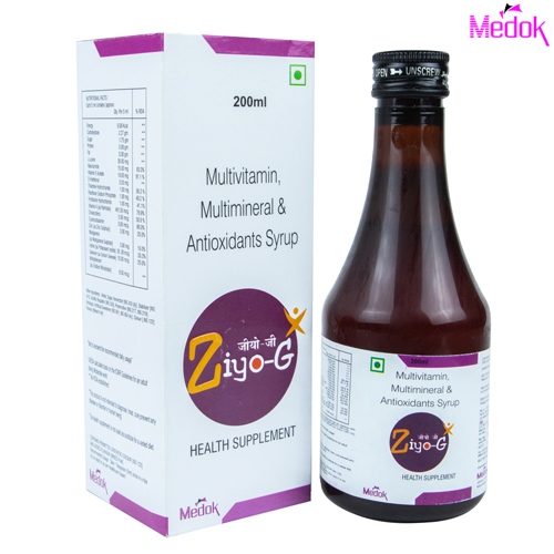 Product Name: Ziyo G, Compositions of Ziyo G are Multivitamin multimineral & antioxidants syrup - Medok Life Sciences Pvt. Ltd