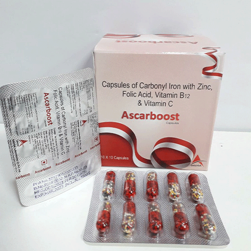 Product Name: Ascarboost, Compositions of Ascarboost are Capsules of carbony iron with zinc folic acid vitamin b12 & vitamin c - Asterisk Laboratories