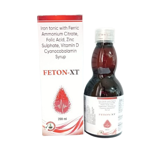 Product Name: FETON XT, Compositions of FETON XT are Iron tonic with Ferric Ammonium Citrate, Folic Acid, Zinc Sulphate, Vitamin D Cyanocobalamin Syrup - Medlo Biotech
