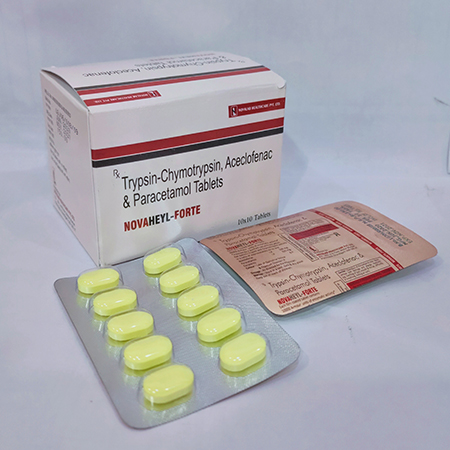 Product Name: NOVAHEYL FORTE, Compositions of NOVAHEYL FORTE are Trypsin-Chymotrypsin, Aceclofenac & Paracetamol Tablets - Novalab Health Care Pvt. Ltd