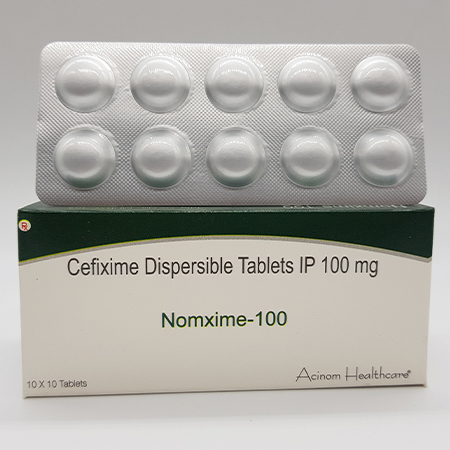Product Name: Nomxime 100, Compositions of Nomxime 100 are Cefixime Dispersible Tablets IP 100 mg - Acinom Healthcare